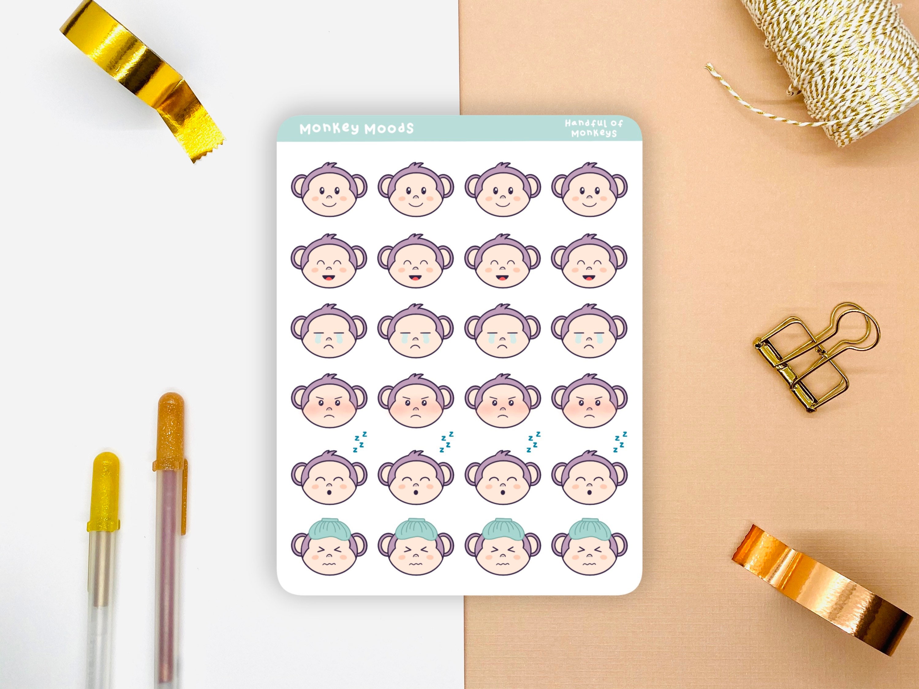 Monkey Mood Tracker Sticker Sheet | Planner Stickers | Journal Stickers |  Bullet Journal Stickers | Scrapbook Stickers | Cute Stickers