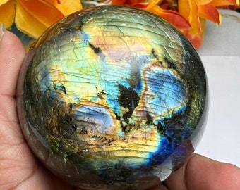 Beautiful  Blue Yellow Rainbow Labradorite Stone Spectrolite Sunshine Sphere Orb 65 MM Metaphysical Crystal,Healing Chakra,Reiki 454 Grams