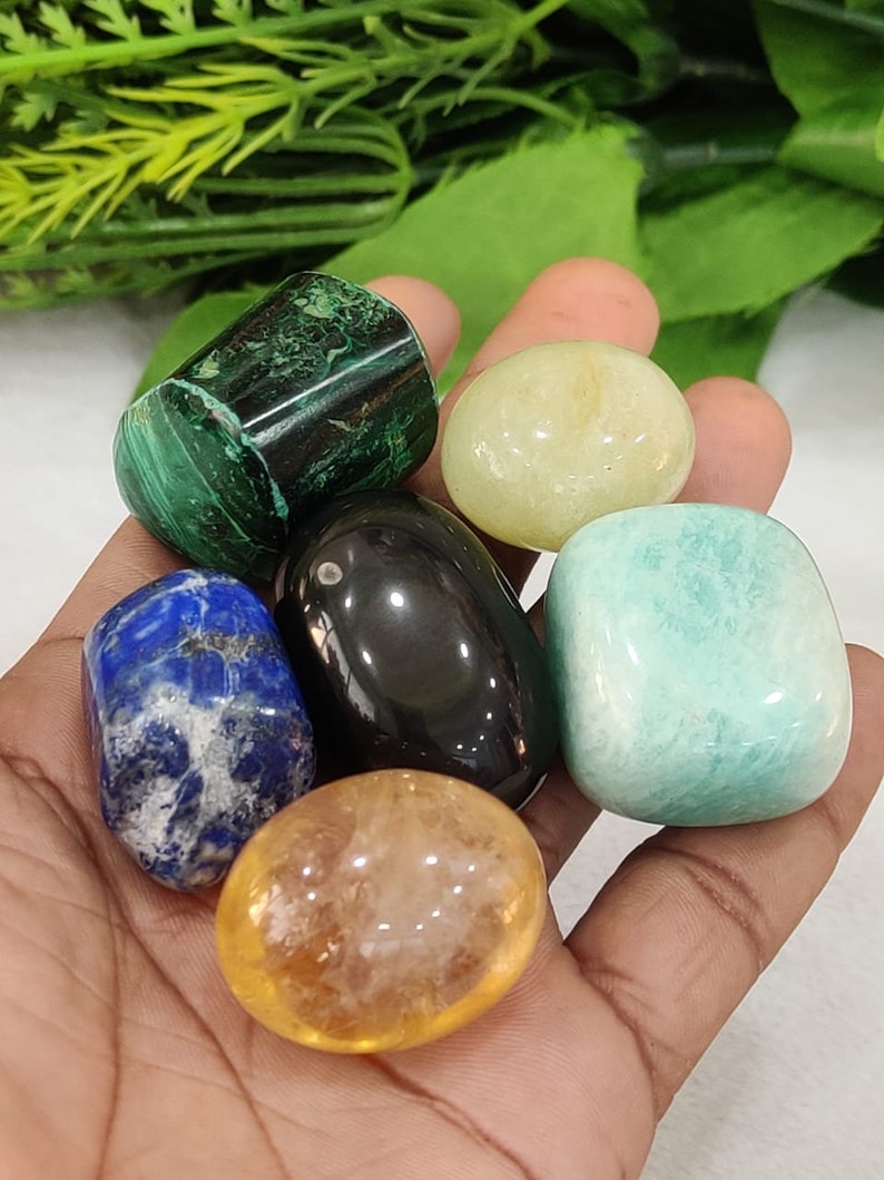 Crystal Tumble Stone Set For Scorpio Zodiac Sign Citrine , Amazonite , Obsidian , Malachite ,Lapis Lazuli , Aquamarine. image 7