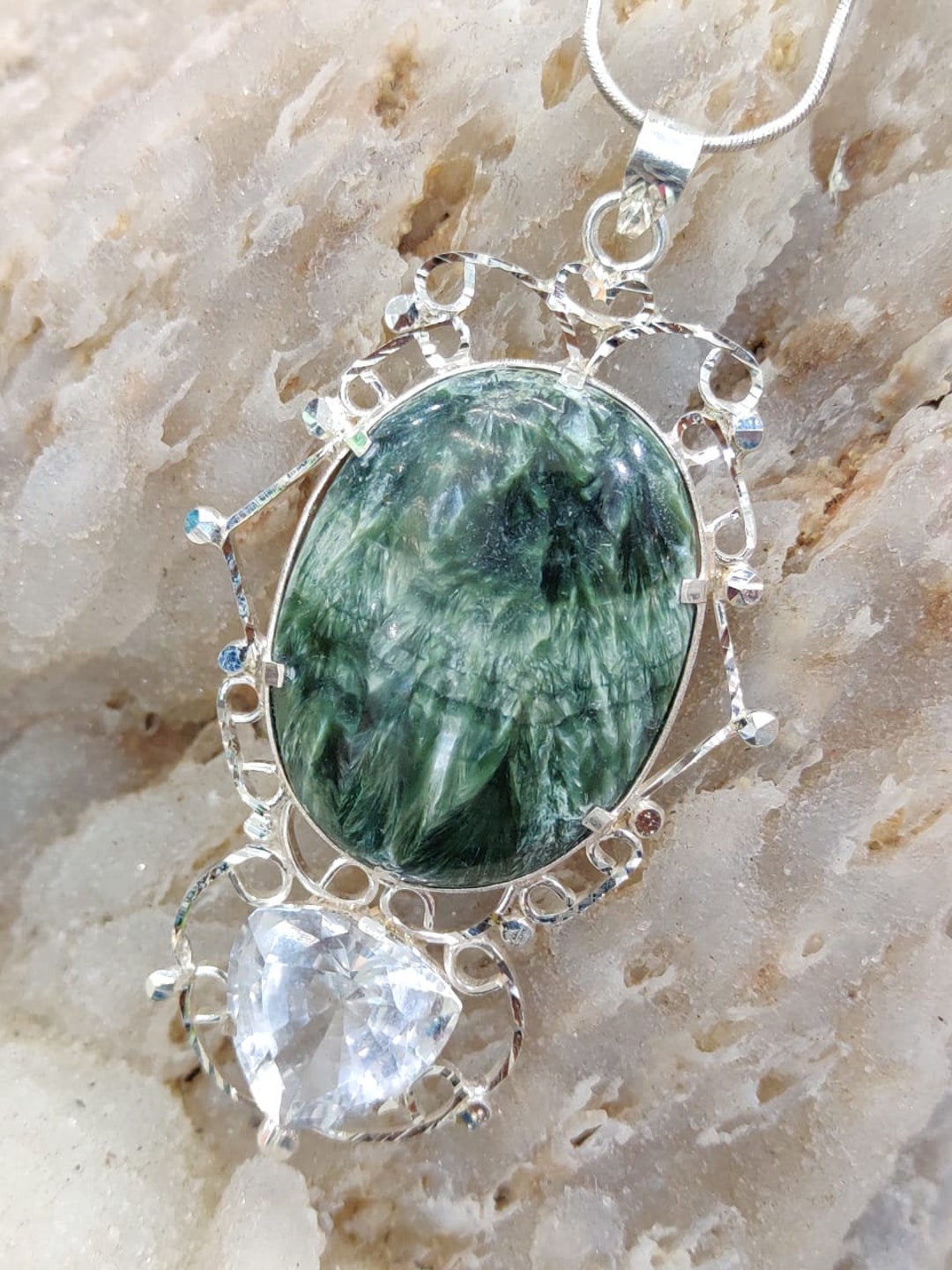 Seraphinite Stone Pollucite Trillion Cut Gemstone Pendant - Etsy