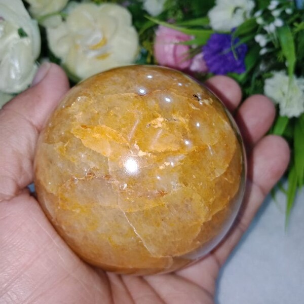 Beautiful Golden Healer Quartz Stone Sphere Orb 521 Gram Healing Crystal Reiki Energy Stone Meditation Rock Chakra  Spiritual Ball 72 MM