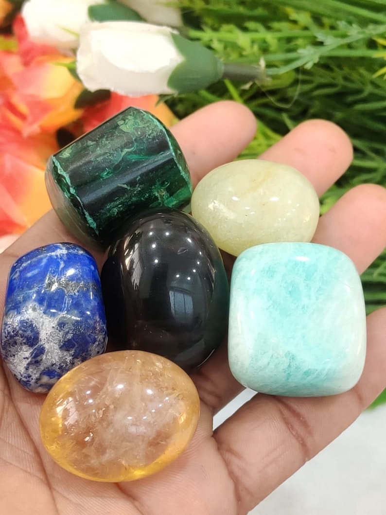 Crystal Tumble Stone Set For Scorpio Zodiac Sign Citrine , Amazonite , Obsidian , Malachite ,Lapis Lazuli , Aquamarine. image 6