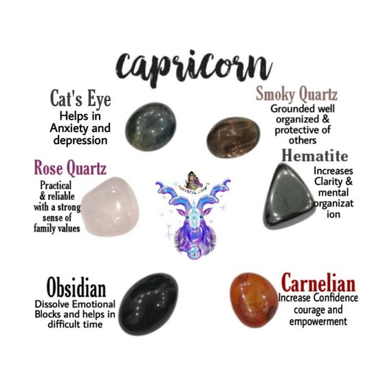 Crystal Tumble Stone Set for Capricorn Zodiac Sign Cat s Eye Rose Quartz Hematite Smoky Quartz obsidian Carnelian. Etsy Denmark