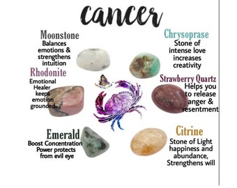 Crystal Tumble Stone Set for Cancer Zodiac Sign Moonstone Rhodonite Emerald Strawberry Quartz Chrysoprase Citrine. Etsy Finland