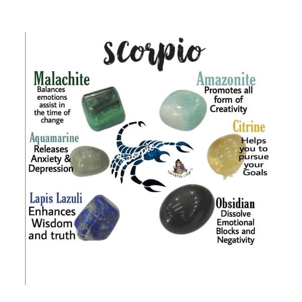 Crystal Tumble Stone Set For Scorpio  Zodiac Sign  Citrine , Amazonite , Obsidian , Malachite ,Lapis Lazuli , Aquamarine.