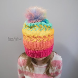 Rainbow Kids Beanie: Acrylic Winter Hat with Faux Fur Pom