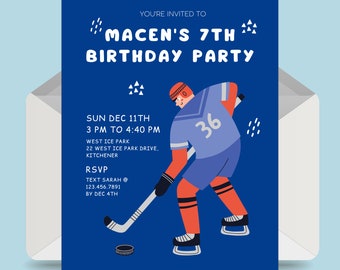 May include: A blue and white birthday party invitation featuring a cartoon hockey player wearing a blue jersey with the number 36 on it. The invitation reads "You're invited to Macen's 7th Birthday Party" and includes the date, time, and location of the party.