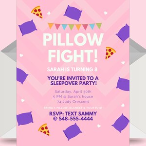 Invitation d&#39;anniversaire pour une soirée pyjama : pizza party, bataille d&#39;oreillers (téléchargement numérique)