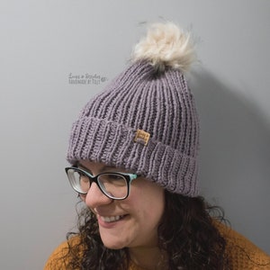 Slouchy Knit Beanie: Double Brim, Faux Fur Pom Pom Winter Hat
