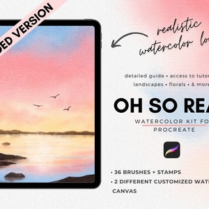 Puede incluir: Una ilustración digital de una puesta de sol sobre un lago con pájaros volando en el cielo. El texto "OH SO REAL" se muestra en letras negras en negrita con las palabras "WATERCOLOR KIT FOR PROCREATE" debajo. La imagen es una vista previa de un kit de acuarela digital para la aplicación Procreate, que incluye 36 pinceles y sellos, y 2 lienzos de acuarela personalizados diferentes.