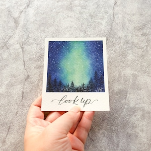 Aquarelle galaxie ciel nocturne arbres Polaroid - impression d'art peinte à la main