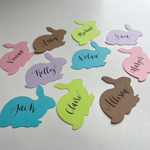 May include: Ten colorful paper bunny place cards with names written in black calligraphy. The names are: Vivian, Liam, Michael, Sam, Nolan, Kelly, Harper, Claire, Allison, and Jack.