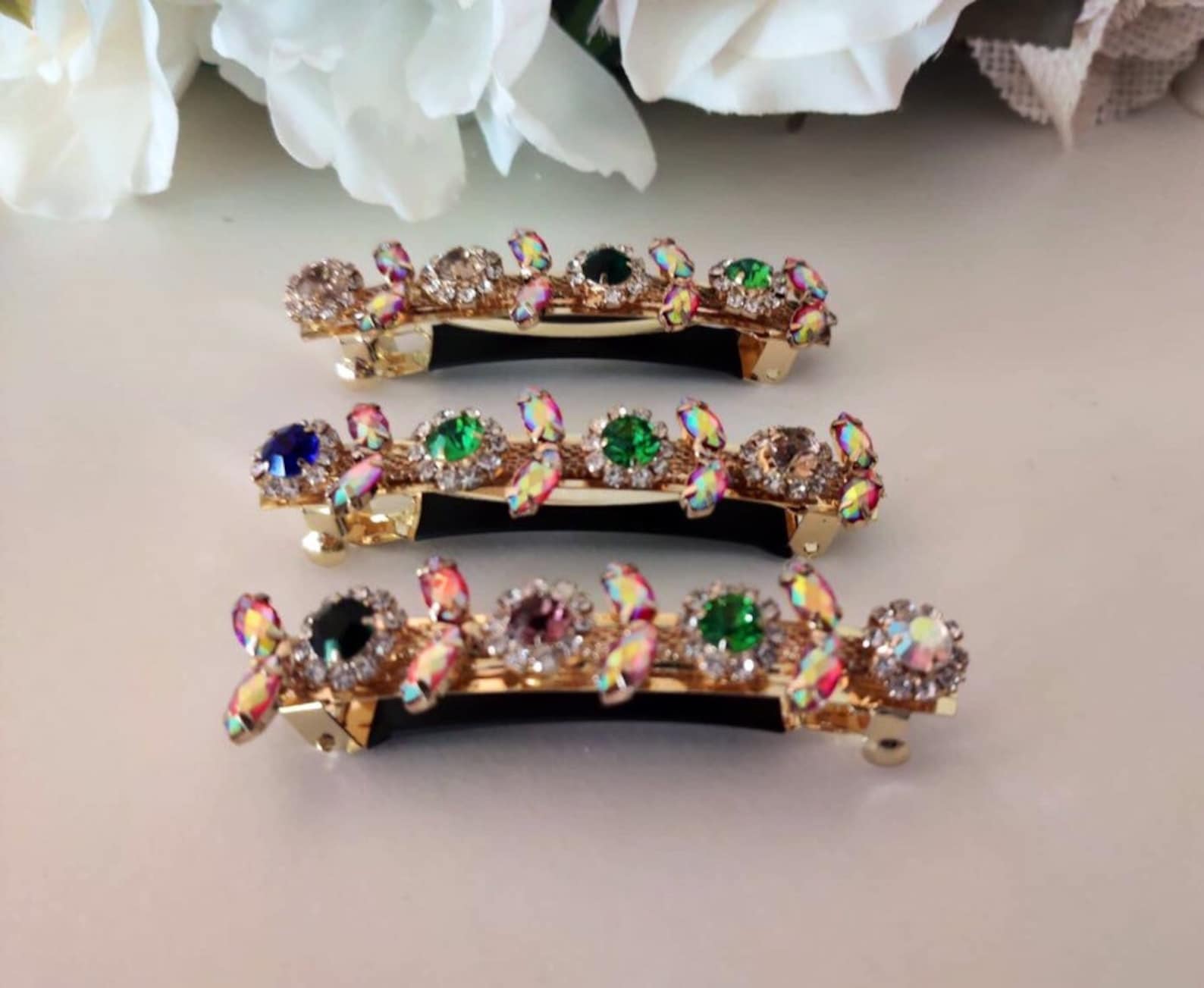 Rhinestone Barrette Multi Color Barrette Gold Barrette Hair - Etsy