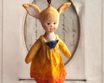 Vibrant spun cotton girl with bunny ears, ooak small magical Christmas ornament, hanging doll for Holiday interior, cute nostalgic gift