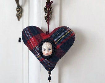 Hanging heart with sculpted art doll face, ooak beaded fantasy ornament, Victorian doorknob hanger, soft Halloween decorative pillow