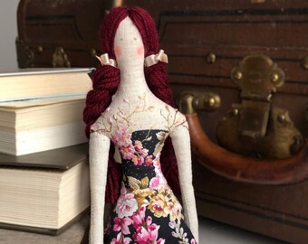 Tilda doll with embroidery, soft cloth girl gift, linen fabric ooak interior decor, cute nursery present, elegant cuddling doll in a dress