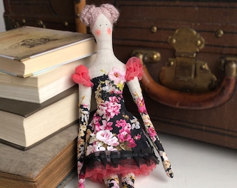 Tilda doll in a floral dress and pink space hair buns, ooak textile art doll, girly stuffed interior decor, soft vintage style gift for her