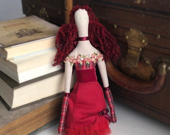 Red Tilda doll for interior, vintage style plush kids room accent, ooak cute keepsake gift for her, minimal princess art doll