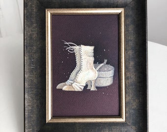 ORIGINAL framed fashion painting on paper, ooak decor for a living room, romantic drawing with standing frame, mixed media art shoes artwork