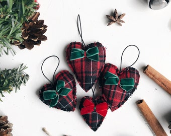 Set of 4 Christmas ornaments, heart shape xmas tree decorations,farmhouse holiday gift,chic Scottish Christmas present,small tree ornaments