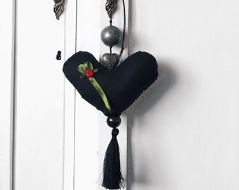 Fabric long hanging heart, decoration with tassel, dark textile heart, modern home decor, minimal Christmas tree toy, doorknob decor