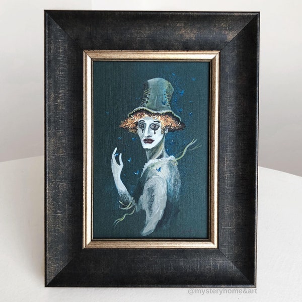 ORIGINAL framed painting, mysterious art, circus theme artwork, painted man figure, art home decoration, mixed media artwork, painted clown