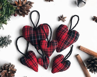 SET of 6 fabric ornaments, simple tartan textile Christmas tree toys, matching hanging hearts housewarming gift, soft holiday home decor