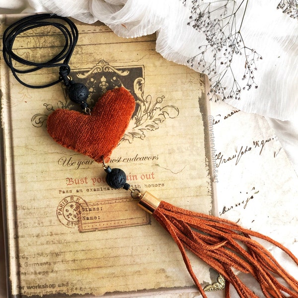 Heart shape necklace with tassel, long Victorian style jewelry, Valentine gift for her, romantic textile accessories, boho fabric accent