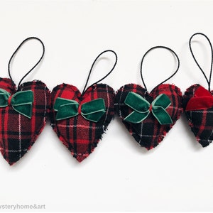 Set of 4 Christmas ornaments, heart shape xmas tree decorations,farmhouse holiday gift,chic Scottish Christmas present,small tree ornaments image 3