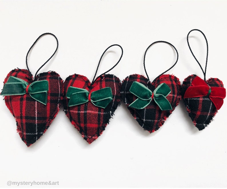 Set of 4 Christmas ornaments, heart shape xmas tree decorations,farmhouse holiday gift,chic Scottish Christmas present,small tree ornaments image 3