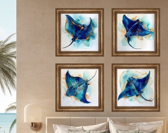 Colorful Blue & Gold Stingray Set of 4 Square Wall Art Pintables, Instant Digital Download, Watercolor Vibrant Ocean Stingray Wall Art Gift