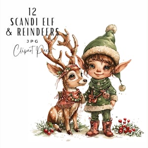 Skandinavischer Weihnachtself & Rentier Clipart Bundle, Aquarell Weihnachtsmann Nisse Scandi Wichtel Hirsch Clipart Illustration, digitaler Download