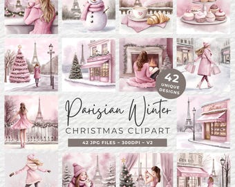 Parisian Winter Clipart, 42 Watercolor Christmas in Paris Snowy Scenery JPG Art, Digital Download, Festive Pink French Clipart Pack