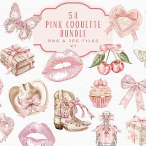 Pink Coquette Schmetterling & Bögen Clipart, Aquarell Cowgirl Stiefel und Hut, Parfüm, Kirschen, Herzen und Bücher Clipart PNG, digitaler Download