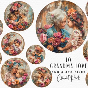 Watercolor Grandmothers Love Clipart, Grandparent Mothers Day Grandma Nana Gran with Granddaughter Grandson Floral Clipart, Digital Download