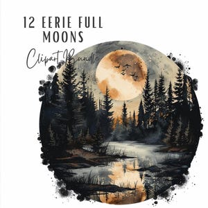 Eerie Full Moon Clipart Bundle | 12 Watercolor Halloween Invitation Décor Clip Art Digital Download | Halloween Junk Journal Commercial Use