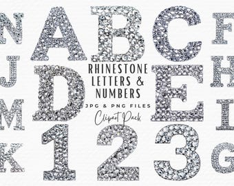 Clipart dell'alfabeto con strass, lettere e numeri in argento (download digitale)