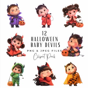 Quirky Halloween Devil Clipart Bundle, 12 Halloween Devil Baby Clip Art, Digital Download, Commercial Use, Whimsical Spooky Season Clipart