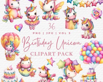 Aquarell Einhorn Clipart Set: Baby Geburtstagsparty Grafiken (Digitaler Download, Kommerzielle Nutzung