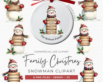 Christmas Snowman Clipart: 6 PNG Digital Designs, DIY Family Ornament Fun Art for Personalized Holiday Gifts, Cards, Crafts, Scrapbooks