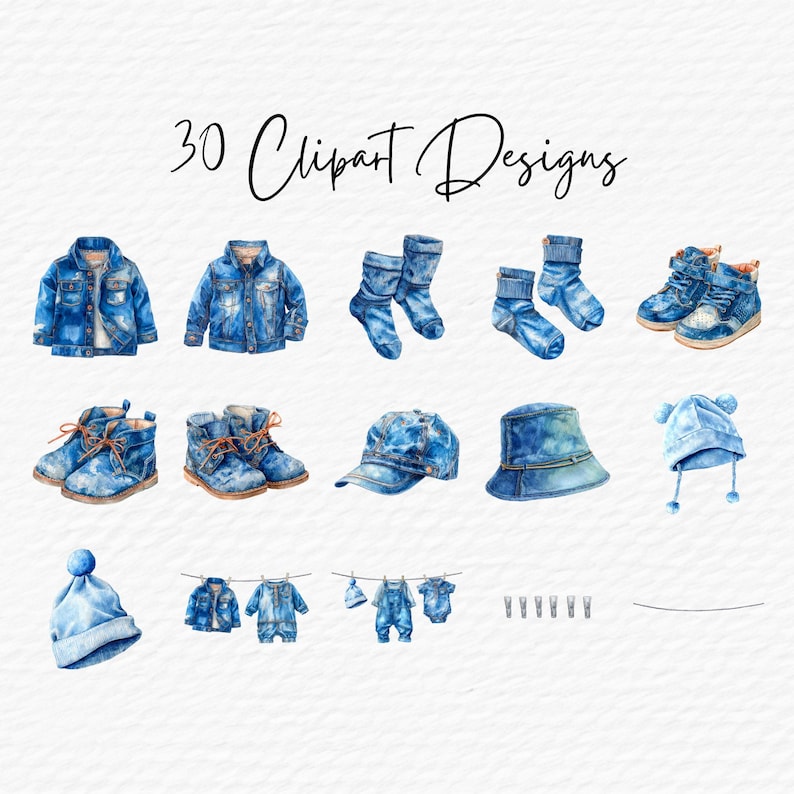 Watercolor Denim Baby Clipart, Blue Jean Clothes PNG (digital Download ...