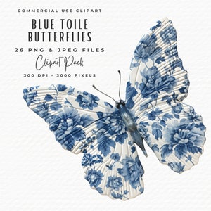 26 Blue Toile Clipart Butterfly Bundle / Vintage French Watercolor Clipart / Junk Journal / Chinoiserie Toile De Jouy Butterfly PNG Bundle