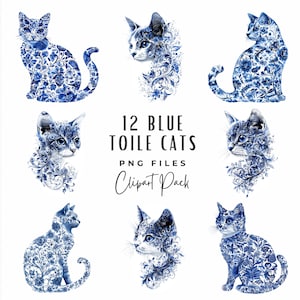 Bundle de cliparts chat toile, 12 bleu et blanc aquarelle Français country Decor Chinoiserie chaton Clipart, téléchargement numérique, chat grand-millénaire