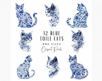 Paquete de imágenes prediseñadas de gato de tela: gatito azul chinoiserie PNG (descarga digital)