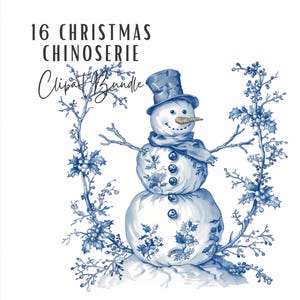 Clipart de Navidad Toile / 16 imágenes prediseñadas de estilo chinoiserie vintage en azul y blanco / Paquete de imágenes prediseñadas de tarjetas navideñas en formato JPG con efímeras de papel digital 003
