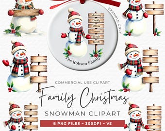 Christmas Snowman Clipart: 8 PNG Digital Designs, DIY Family Ornament Fun Art for Personalized Holiday Gifts, Cards, Crafts, Scrapbooks