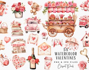 May include: A set of 58 watercolor Valentine's Day clipart images. The images include a pink car, a red truck, a flower stand, a birdhouse, a teddy bear, a bottle of champagne, a heart-shaped wreath, a bouquet of flowers, a heart-shaped key, a heart-shaped envelope, a coffee cup, a bottle of potion, a book stack, a heart-shaped umbrella, and a heart-shaped wreath. The images are perfect for creating cards, invitations, scrapbook pages, and other crafts.