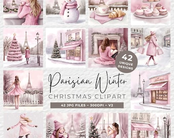 Watercolor Winter in Paris Clipart Bundle, Eiffel Tower (Digital Download)