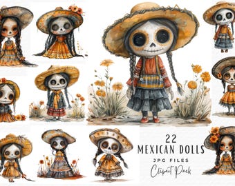 Watercolor Mexican Doll Clipart: Día de Los Muertos Art (Digital Download)