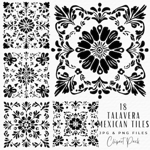 Mexican Talavera Clipart Set, 18 Black Talavera Mexican Tile Home Decor Mosaic Art Design PNG JPG Clipart, Digital Download Digital Sticker